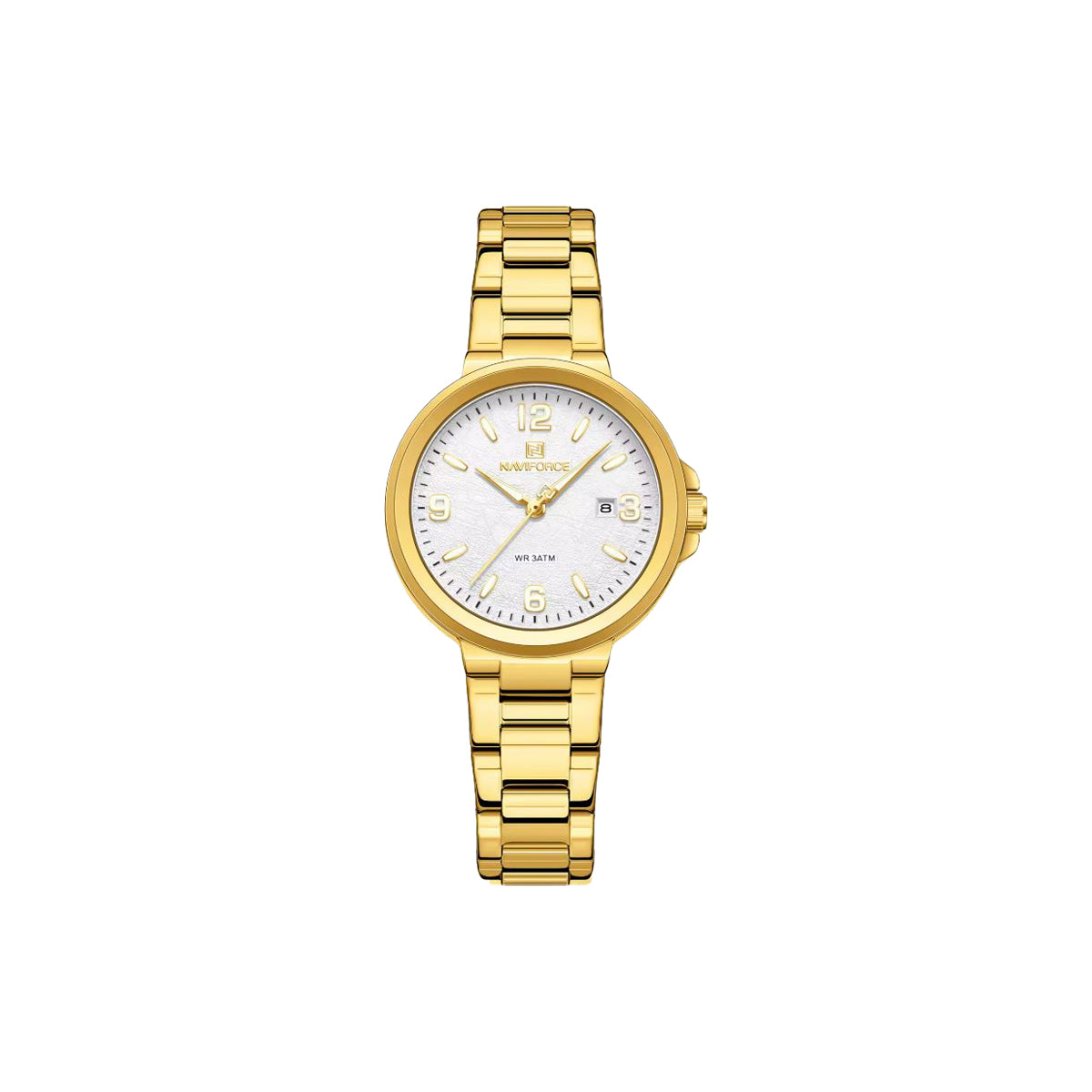 NAVIFORCE 5077 Women’s Textured Golden White Dial Quartz Watch – Stainless Steel Bracelet