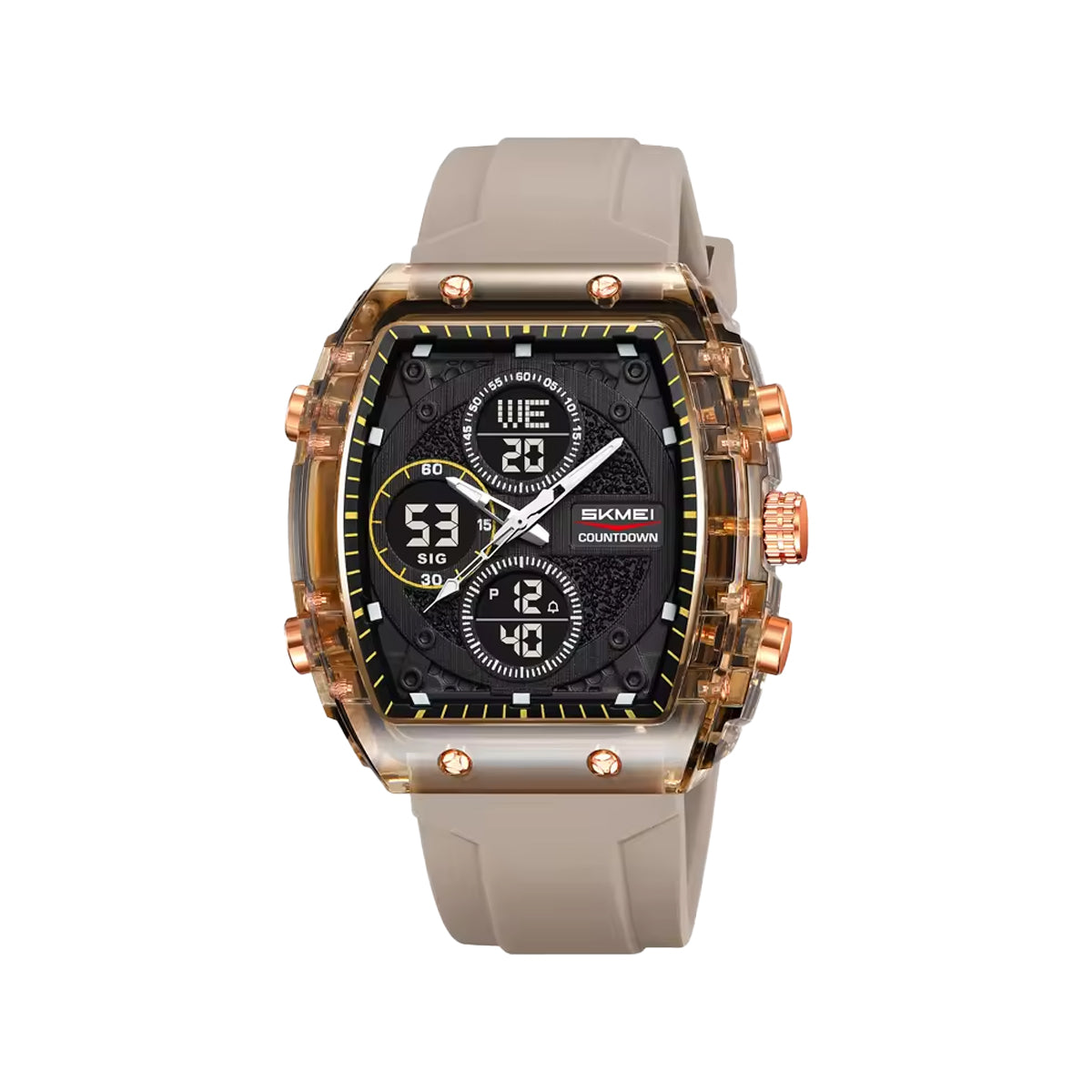 SKMEI 2602 Dual Time Sports Watch Khaki– 50M Waterproof Silicone Strap