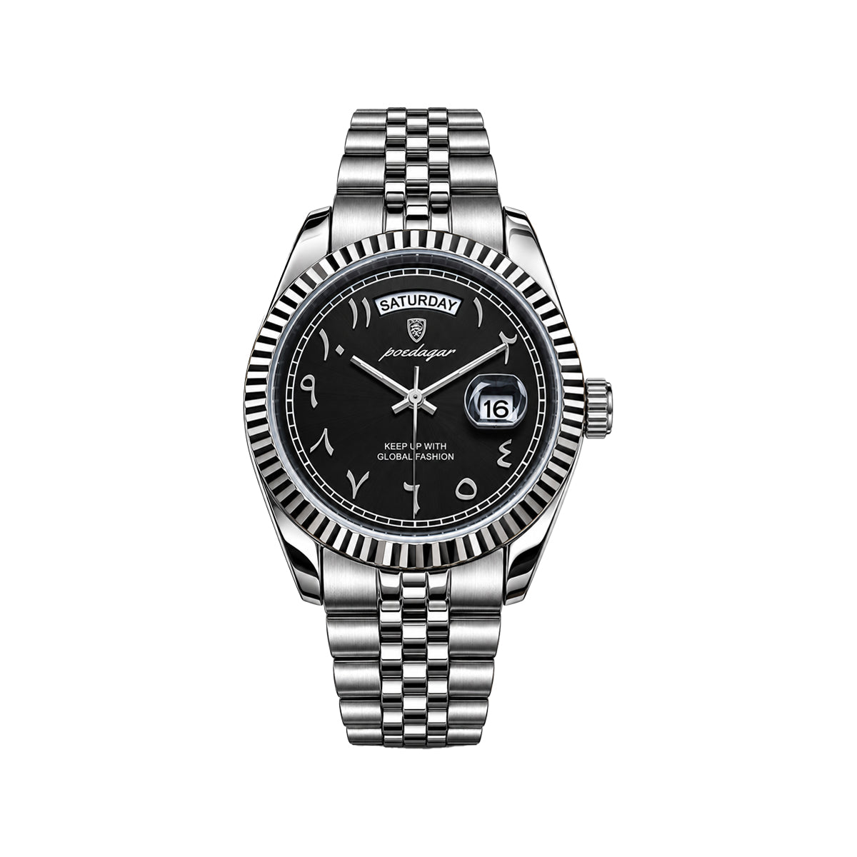 POEDAGAR 845 Men's Quartz Watch Silver Black– Arabic Numeral Dial & Stainless Steel Bracelet