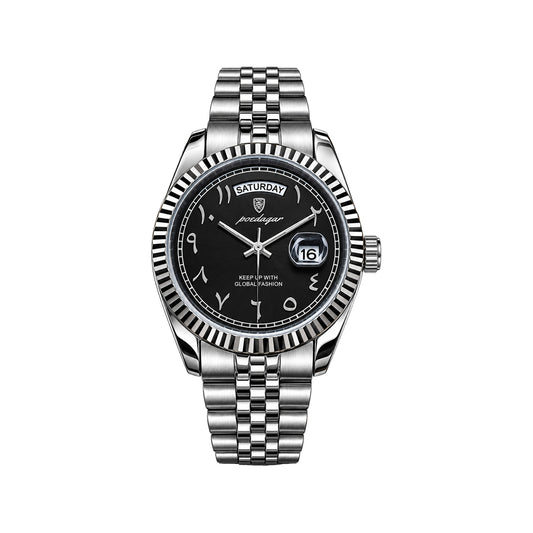 POEDAGAR 845 Men's Quartz Watch Silver Black– Arabic Numeral Dial & Stainless Steel Bracelet