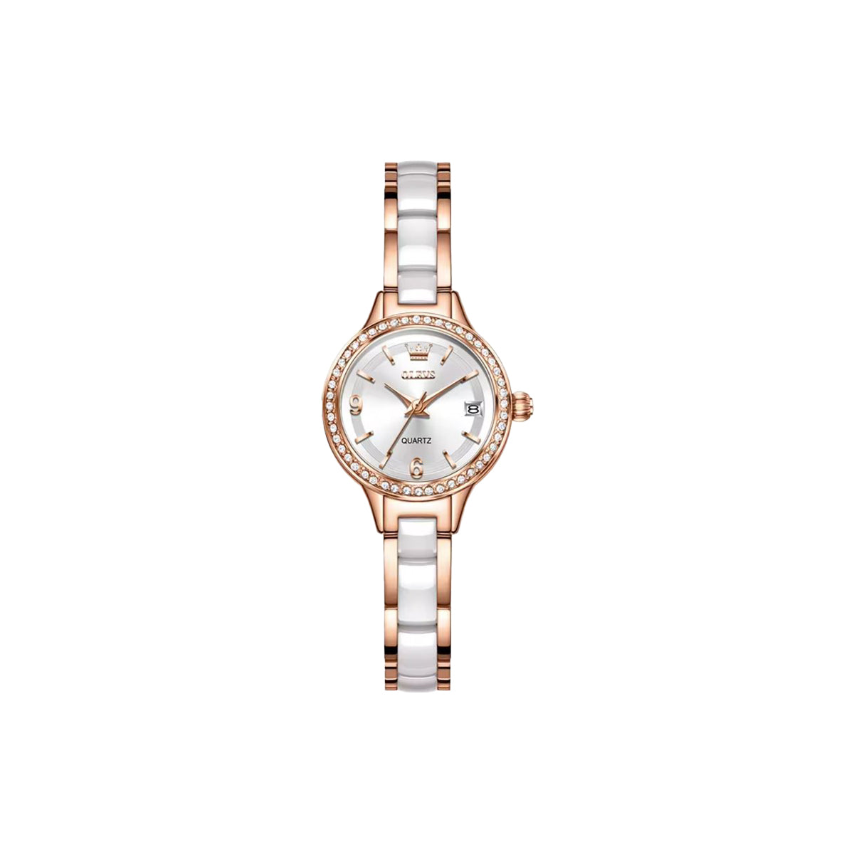 OLEVS 7093 Women’s Luxury Quartz Watch Rose Gold White– Stainless Steel Ceramic Bracelet