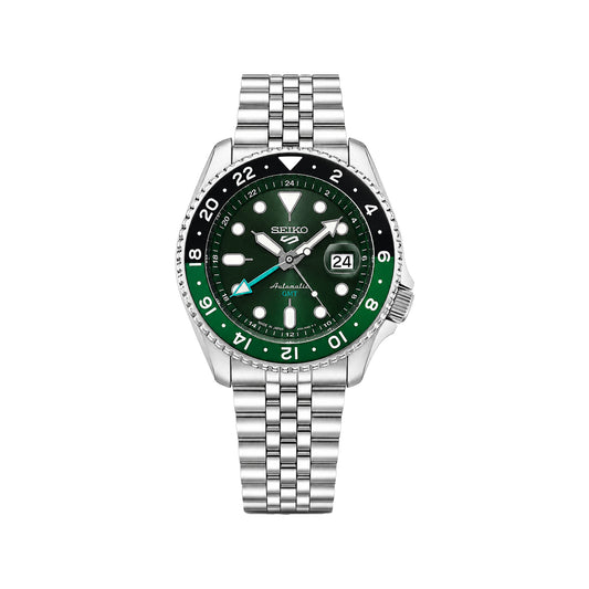 SEIKO GMT Quartz Men’s Watch – Green Dial, Green & Black Bezel, Steel Bracelet