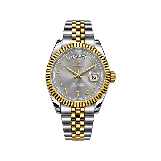 POEDAGAR 845 Men's Quartz Watch Grey– Arabic Numeral Dial & Stainless Steel Bracelet