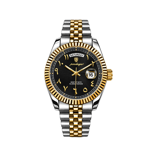 POEDAGAR 845 Men's Quartz Watch Two Tone Black– Arabic Numeral Dial & Stainless Steel Bracelet