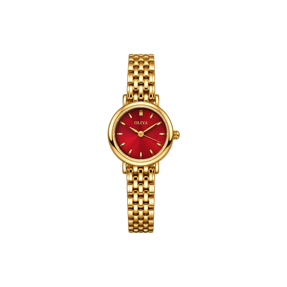 OLIYA Elegant Ladies Gold Watch – Red Dial & Classic Bracelet