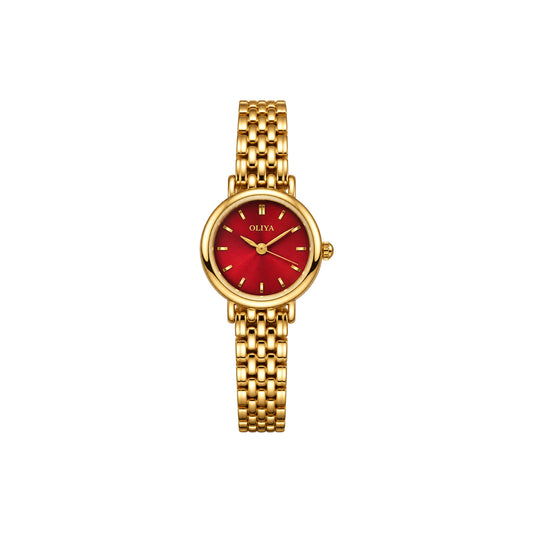 OLIYA Elegant Ladies Gold Watch – Red Dial & Classic Bracelet