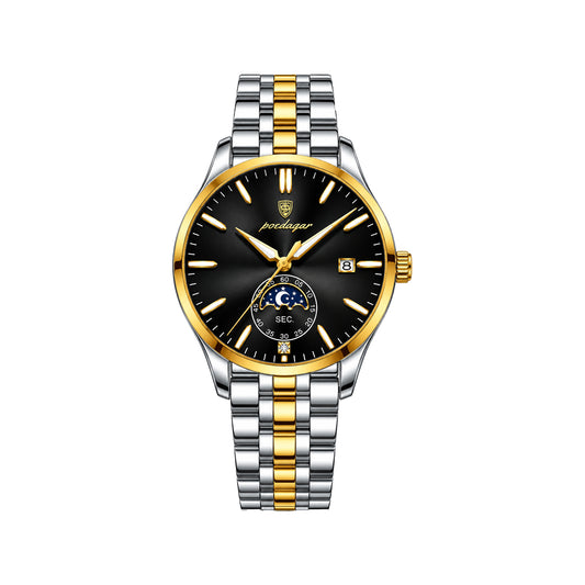 POEDAGAR 854 Men’s Luxury Quartz Watch black Dial – Moon Phase-Style Display