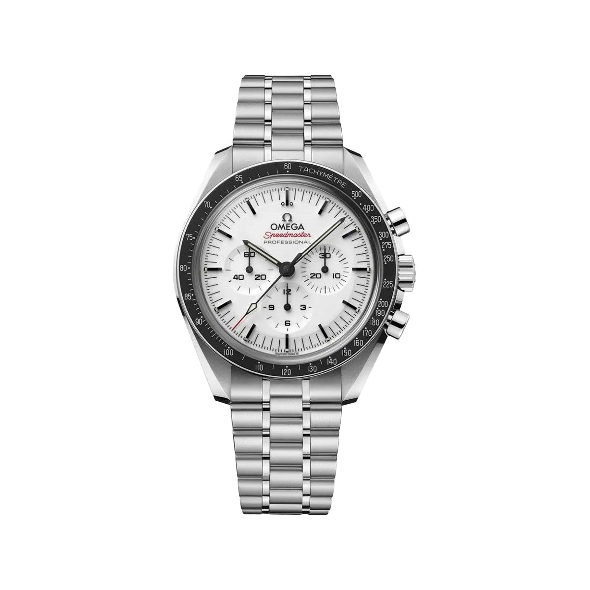 Omega Luxury Chronograph Men's Watch – White Dial, Black Bezel, Stainless Steel Bracelet
