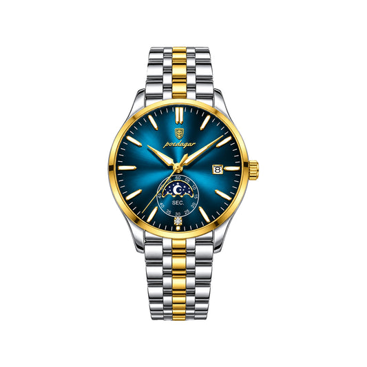 POEDAGAR 854 Men’s Luxury Quartz Watch Blue Dial – Moon Phase-Style Display