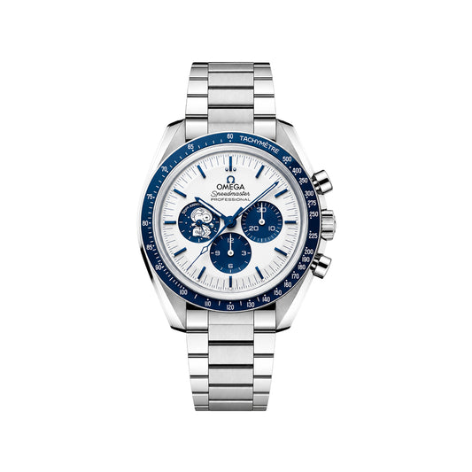 Omega Luxury Moonphase Chronograph Men's Watch – White Dial, Blue Bezel, Stainless Steel Bracelet
