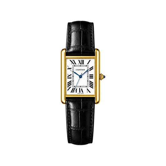 Cartier Tank Américaine Gold Black Leather Strap Quartz Watch – White Roman Dial