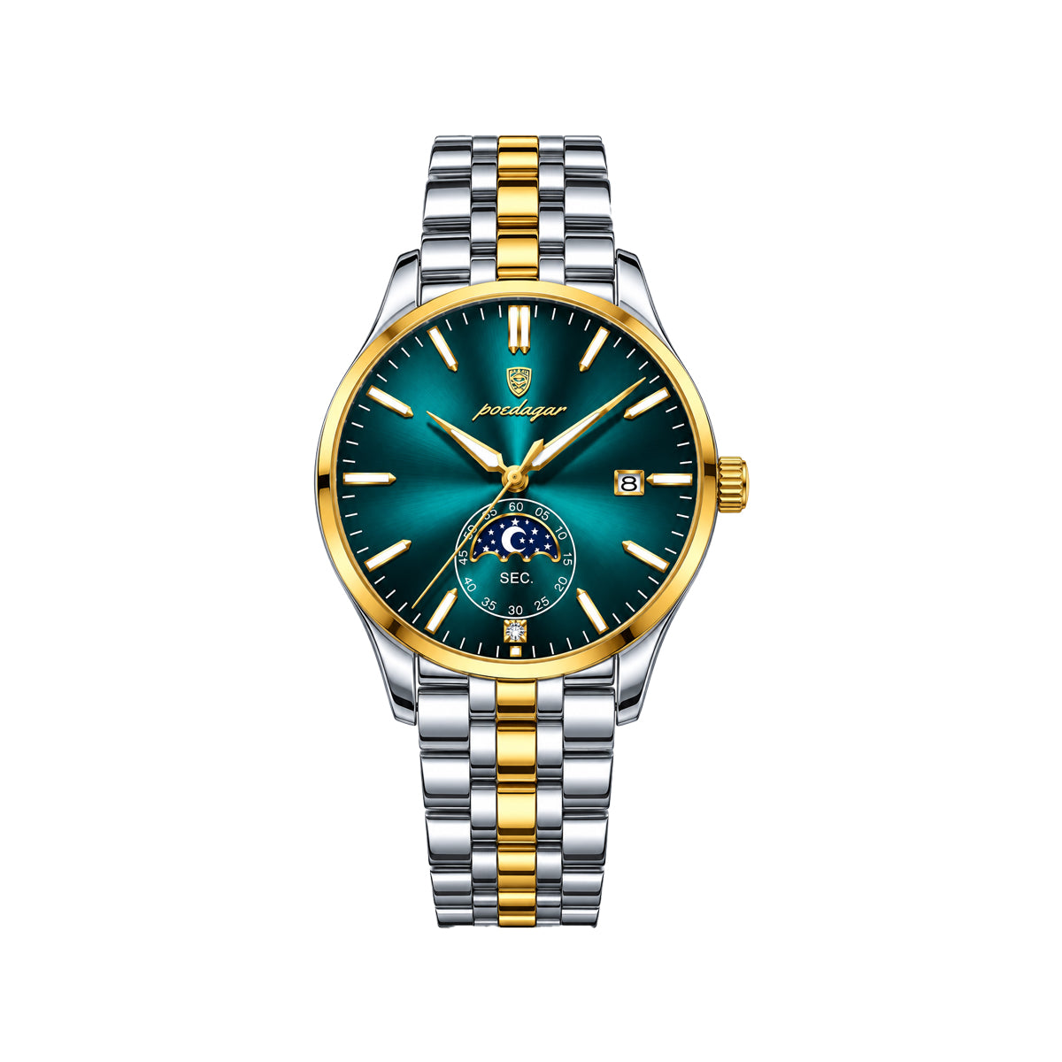 POEDAGAR 854 Men’s Luxury Quartz Watch Mint Green Dial – Moon Phase-Style Display