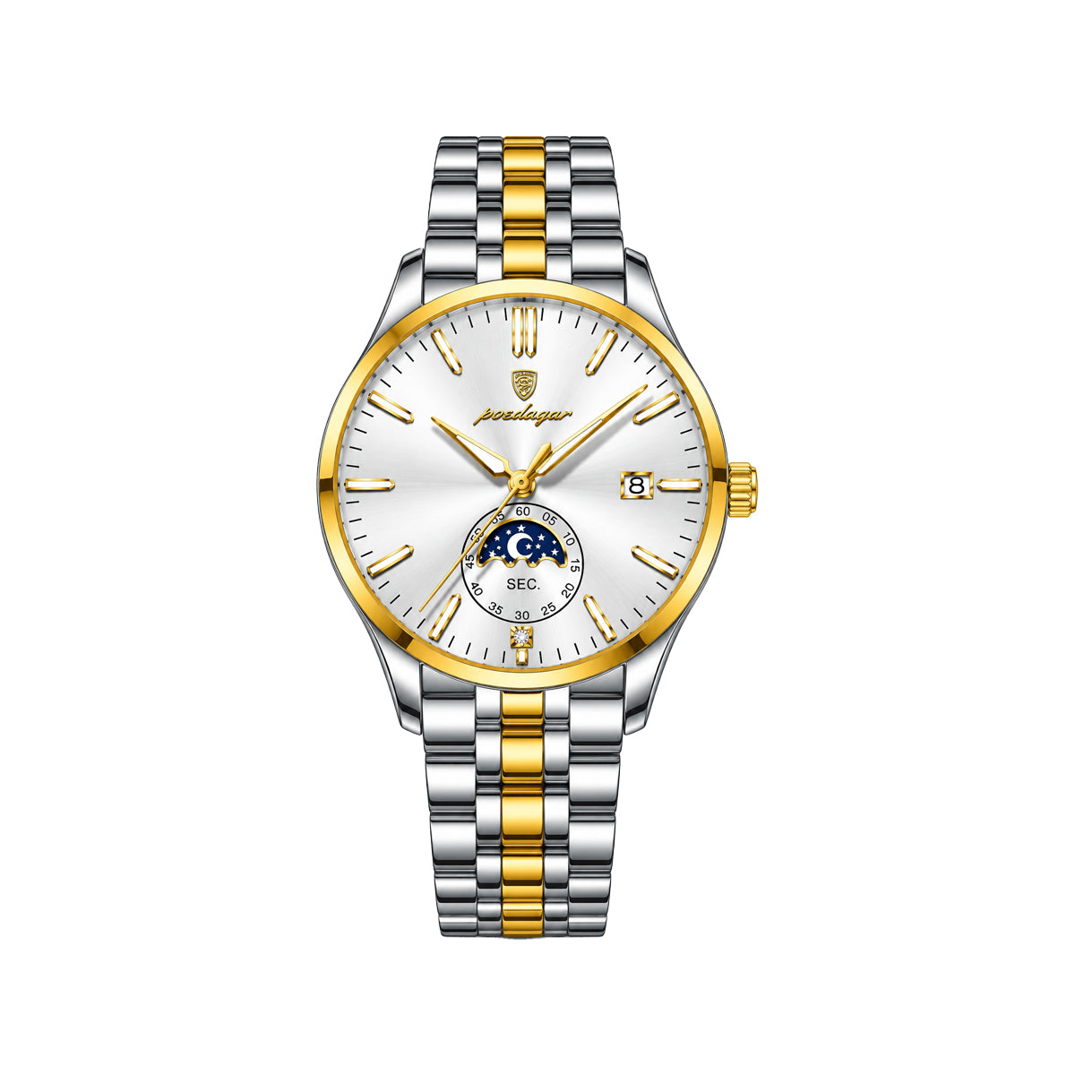 POEDAGAR 854 Men’s Luxury Quartz Watch White Dial – Moon Phase-Style Display