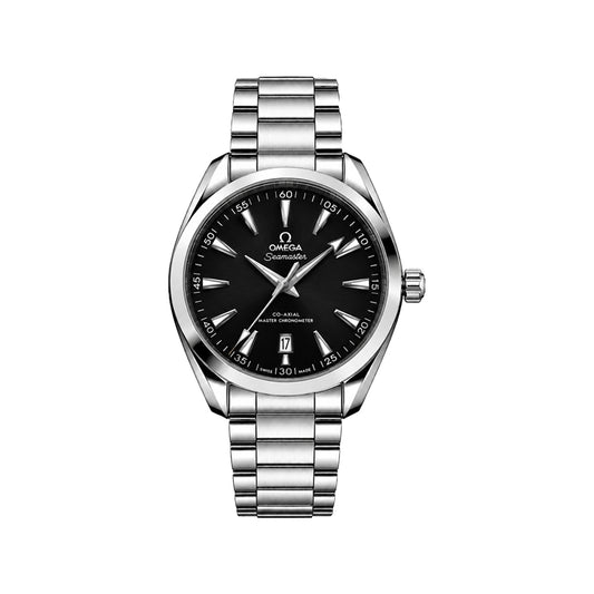 Omega Seamaster Co-Axis Automatic watch with a black dial and a silver stainless steel case and link bracelet, shown against a plain white background.