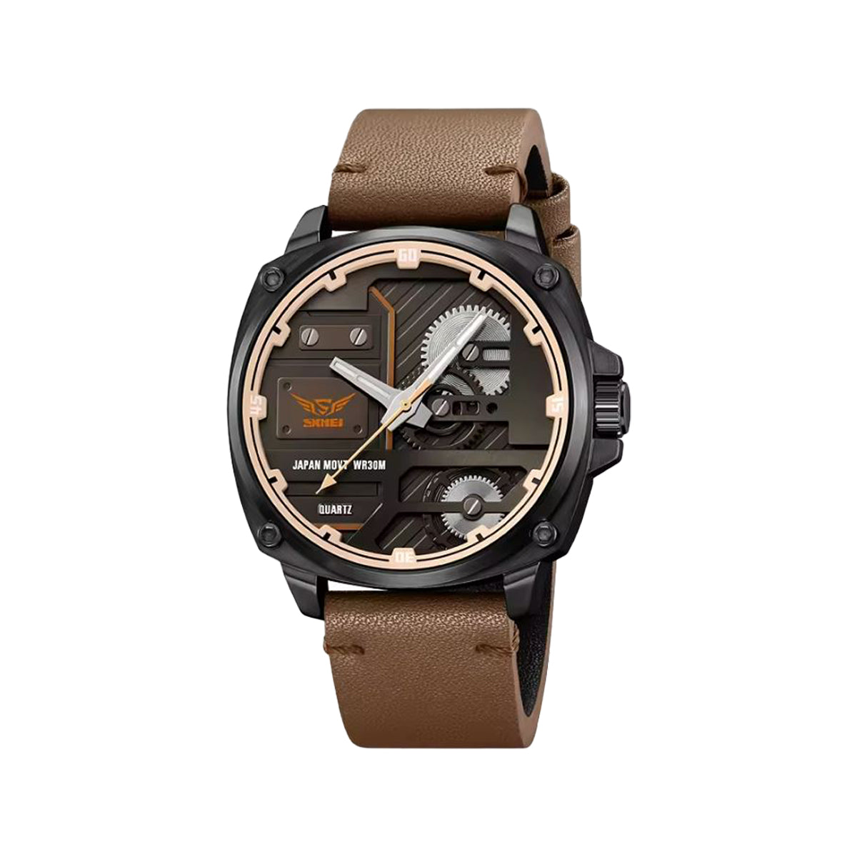 Watch with brown leather strap and detailed face on a white background