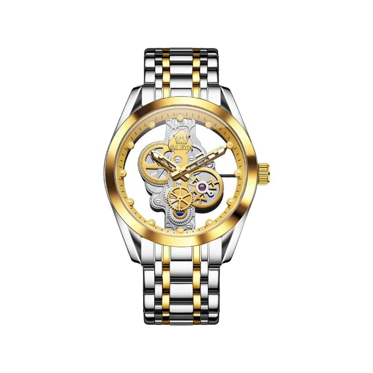 OLEVS 3725 Men’s Luxury Skeleton Quartz Watch – Stainless Steel Bracelet
