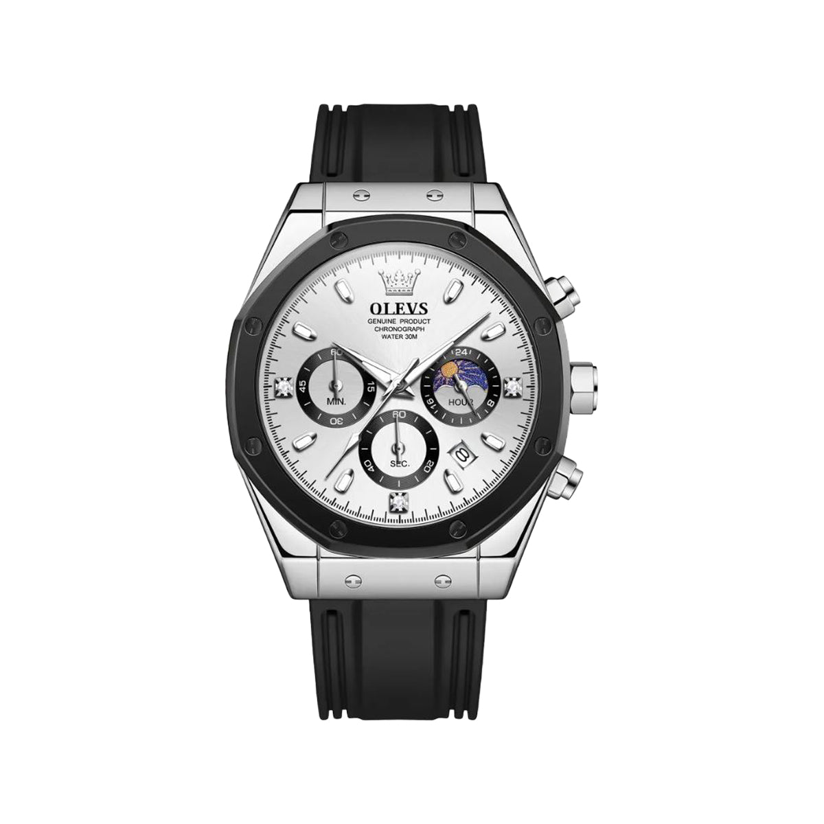 OLEVS 9911 Men’s Sport Quartz Chronograph Watch – White Dial & Black Silicone Strap