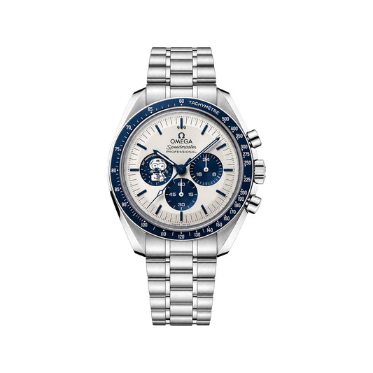 Omega x Swatch Speedmaster Cosmograph Daytona wristwatch with a silver stainless steel bracelet, white dial, and blue bezel and subdials, shown on a plain white background.