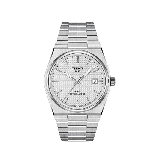 Tissot PRX Powermatic 80 automatic watch with a silver stainless steel case and integrated bracelet, featuring a textured white dial with a date window.