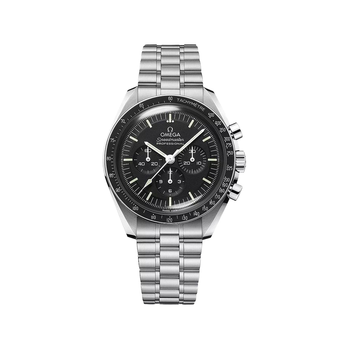 Omega Luxury Chronograph Men's Watch – Black Dial, Black Bezel, Stainless Steel Bracelet