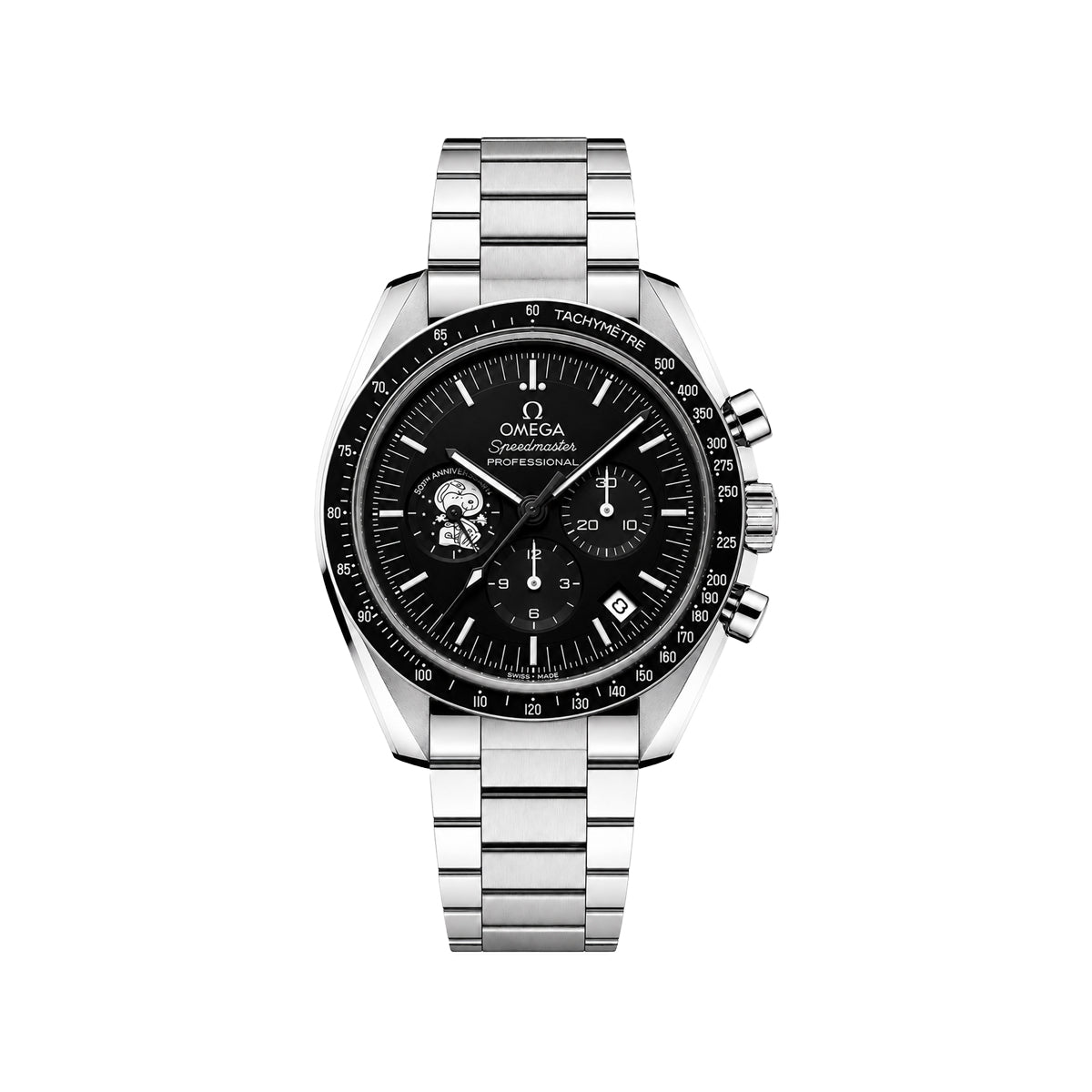 Omega Luxury Moonphase Chronograph Men's Watch – Black Dial, Black Bezel, Stainless Steel Bracelet