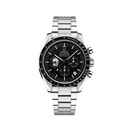 Omega Luxury Moonphase Chronograph Men's Watch – Black Dial, Black Bezel, Stainless Steel Bracelet