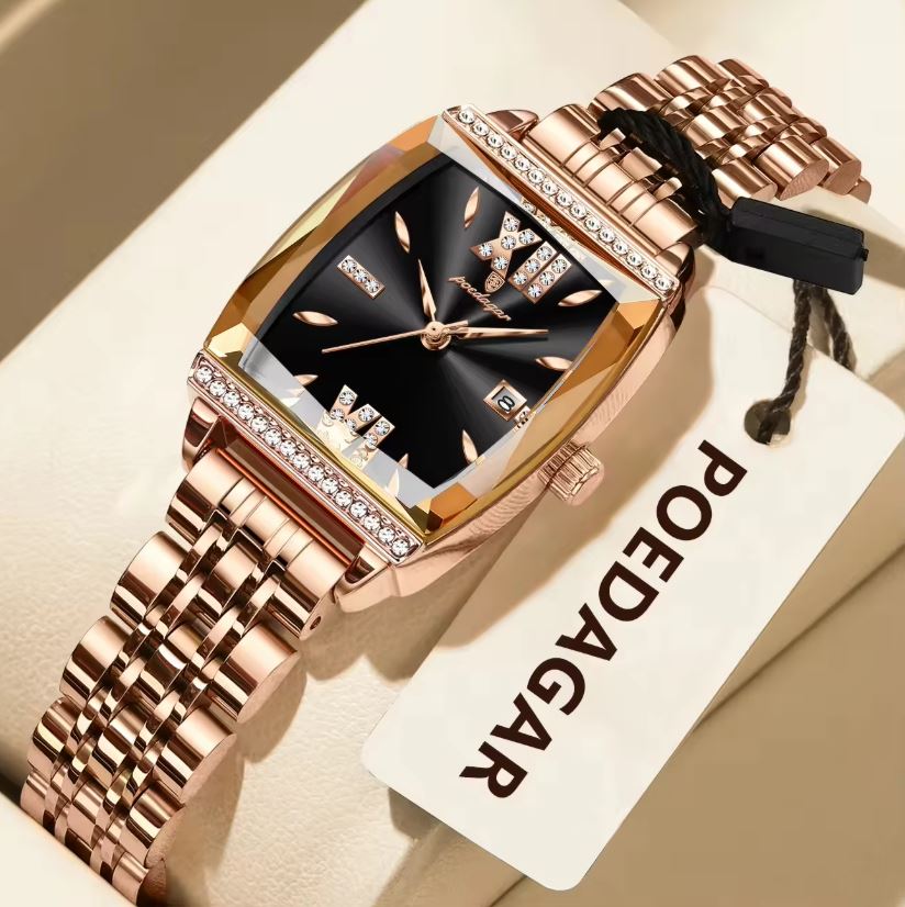 Rose gold watch with black face on a beige background, POEDAGAR brand visible