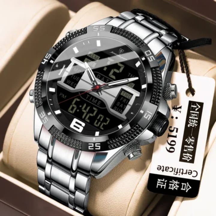 Silver wristwatch with digital and analog display on a beige cushion, with a price tag visible.