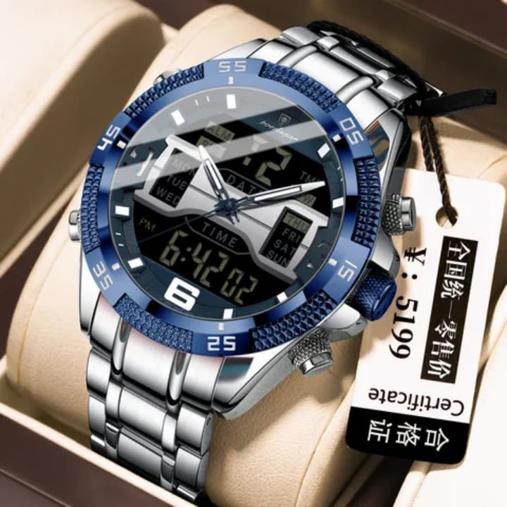 Silver and blue wristwatch with digital display on a beige cushion, accompanied by a certification label.