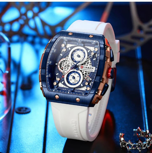 CURREN 8442 Men’s Chronograph Watch — Waterproof Sport White Silicone Strap