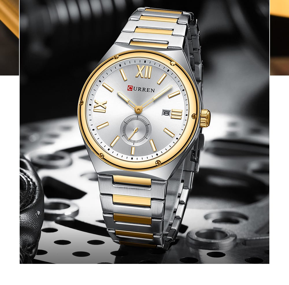 Two-tone silver and gold watch with a visible brand logo on a metallic background