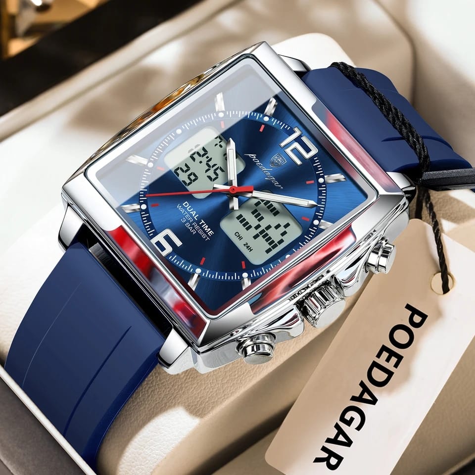 Blue watch with digital and analog display on a beige surface, featuring the brand 'POEDAGAR'.