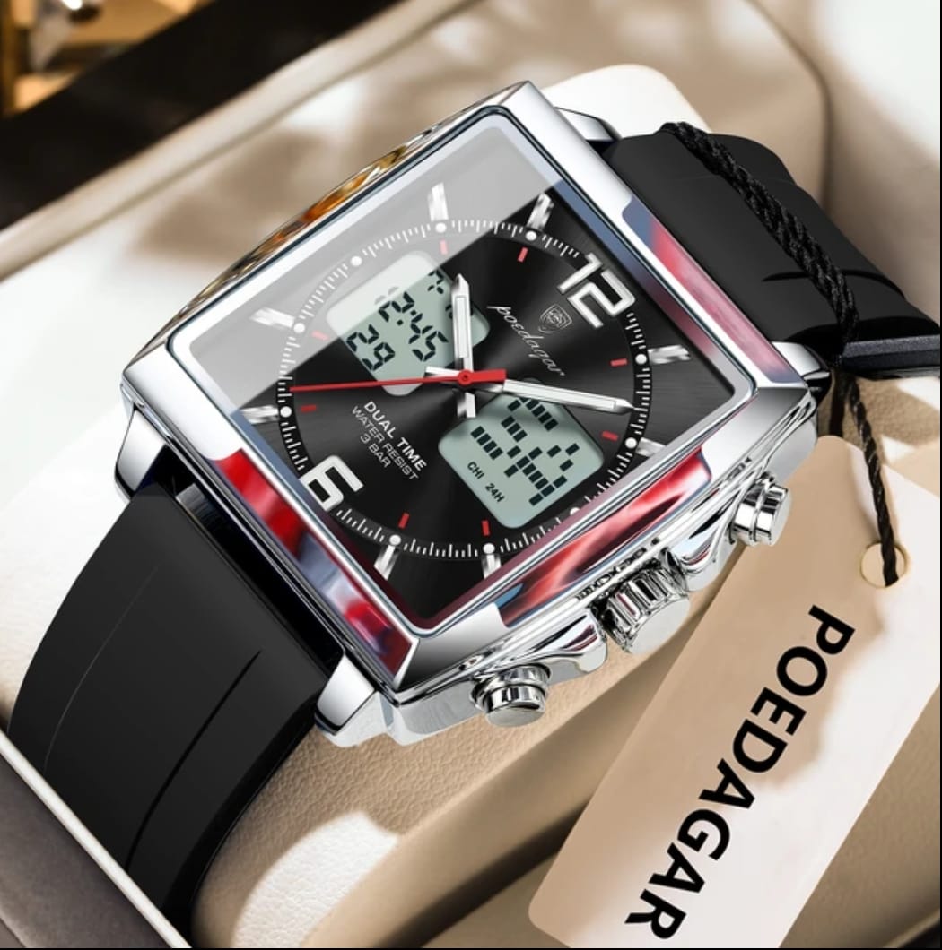 Black wristwatch with digital and analog display on a beige surface, featuring the brand 'POEDAGAR'.