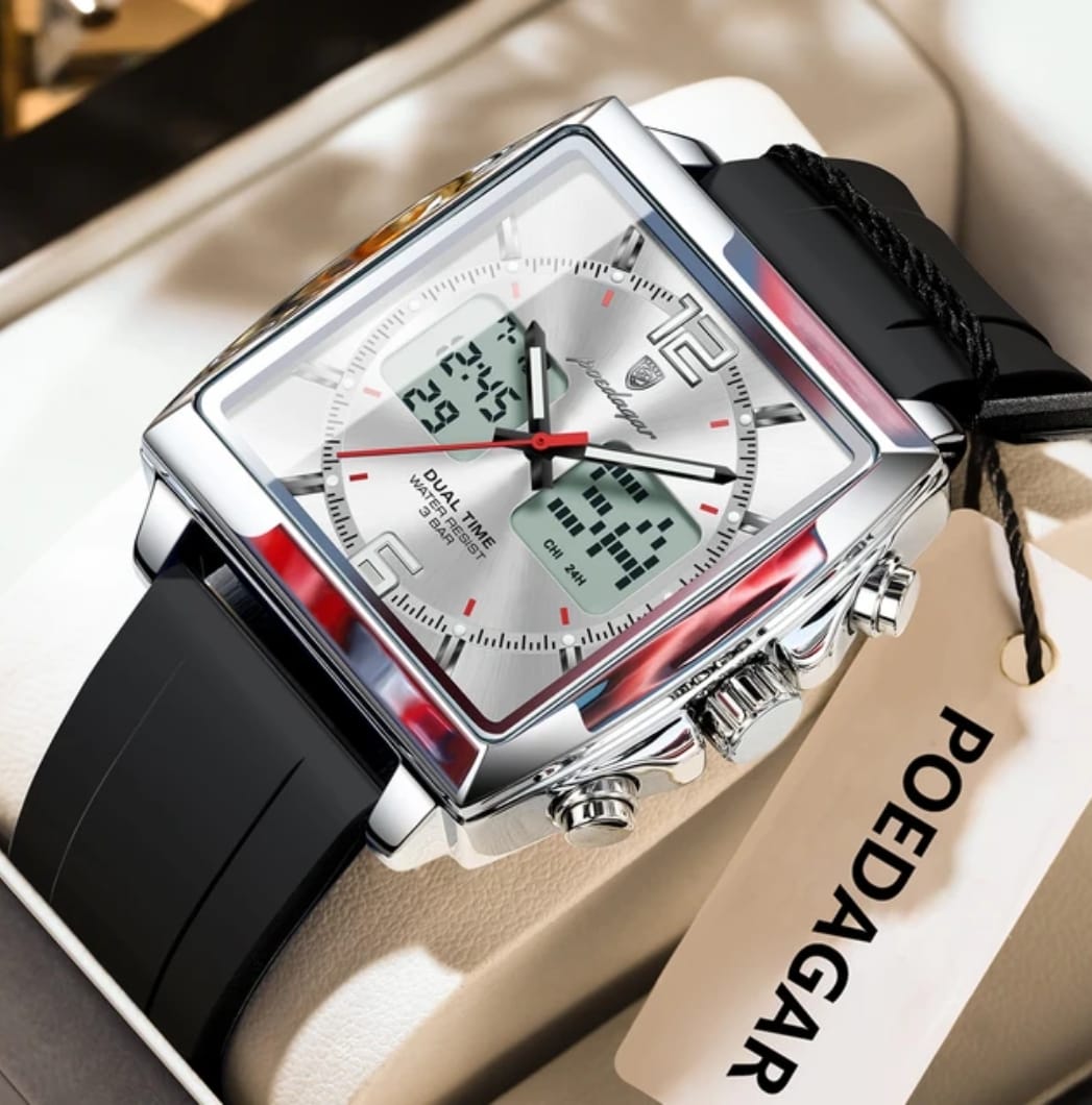 Black watch with digital display on a white surface, featuring the brand 'POEDAGAR'.