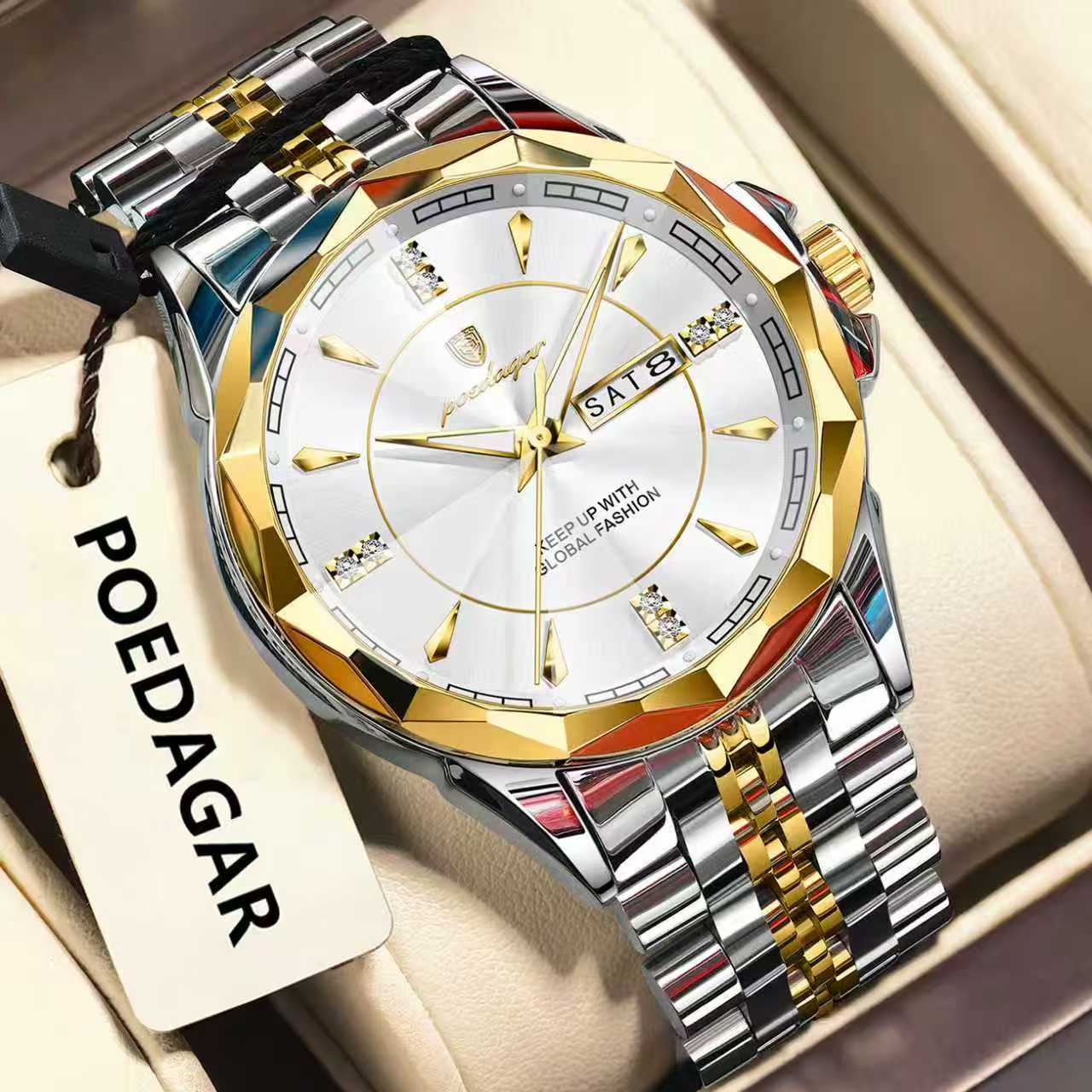 Luxury watch with gold and silver band on a beige background, featuring the brand 'POEDAGAR'.