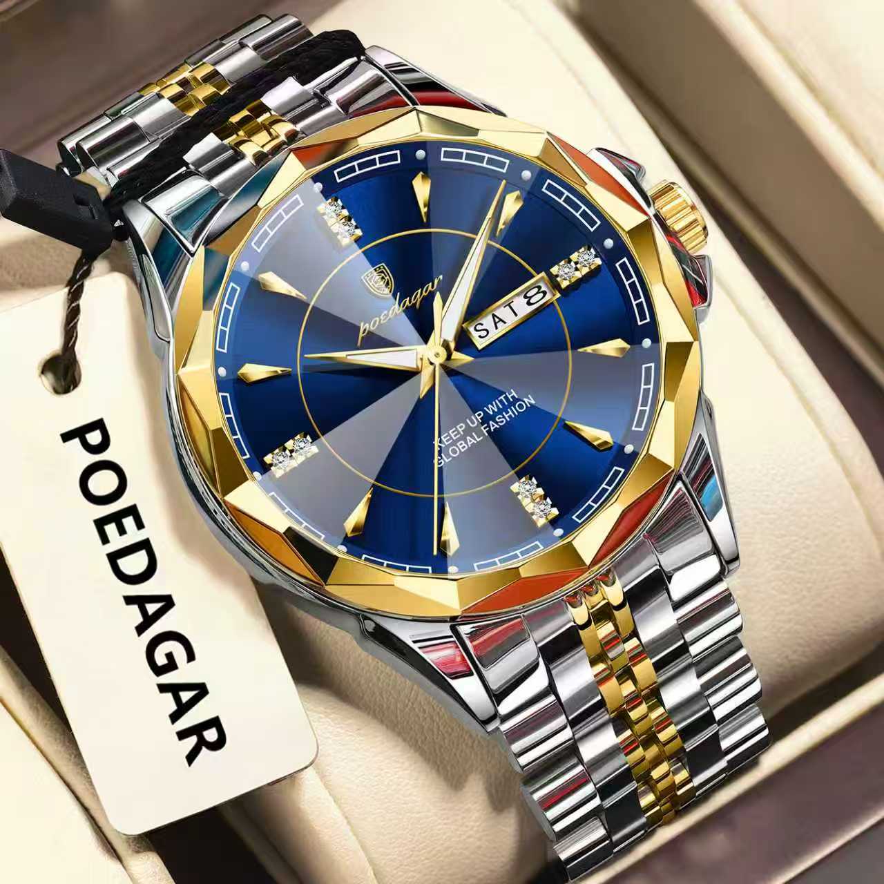 Luxury watch with blue face and gold accents on a beige background, featuring the brand 'POEDAGAR'.
