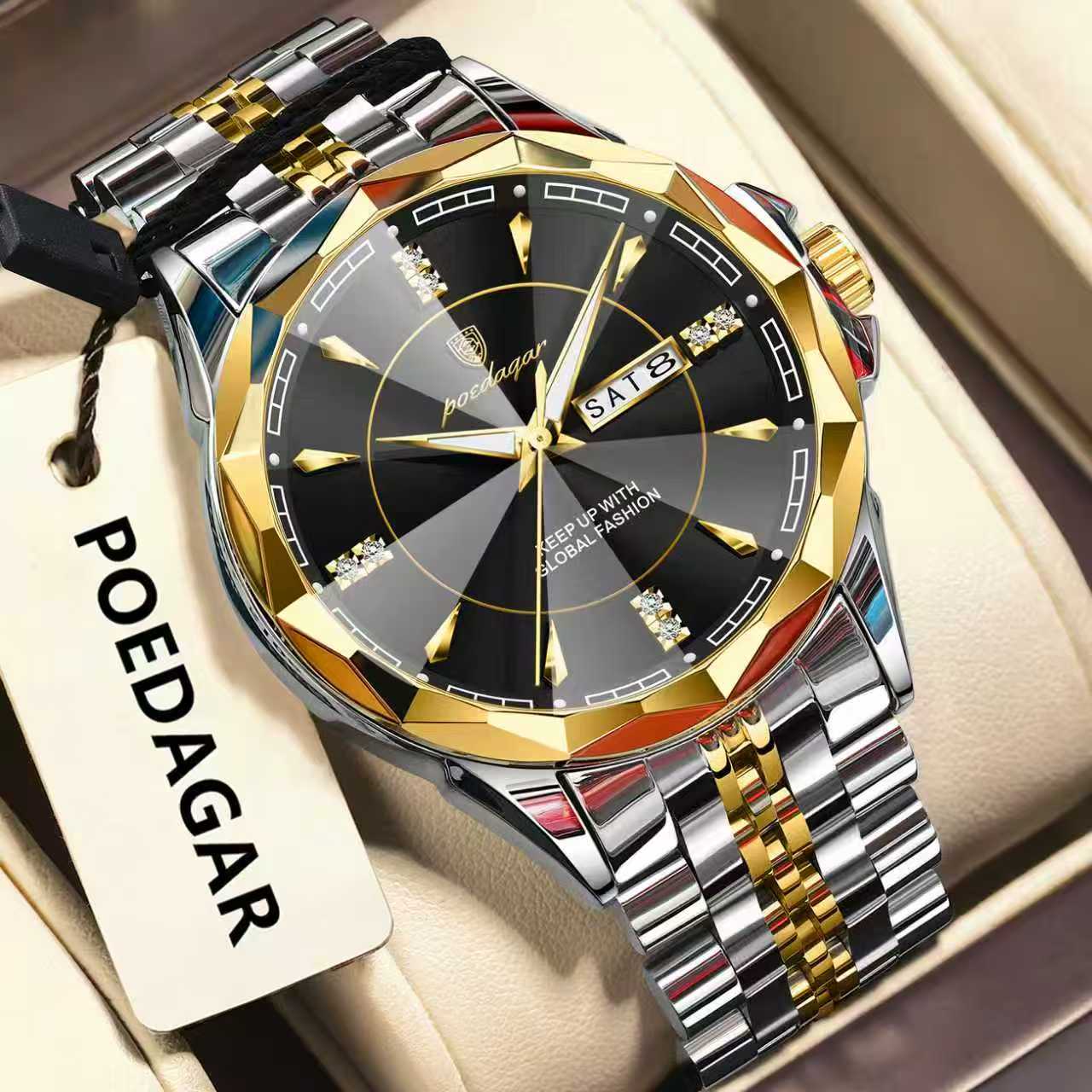 Luxury watch with gold and silver band on a beige background, featuring the brand 'POEDAGAR'.