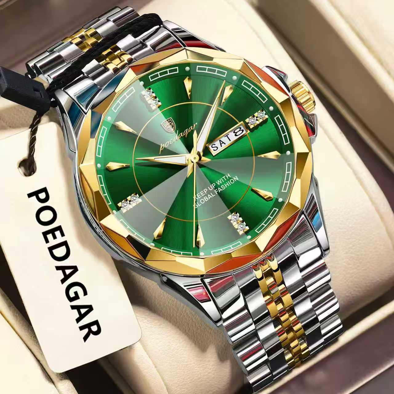 Luxury watch with green dial and gold accents on a beige background, featuring the brand 'POEDAGAR'.