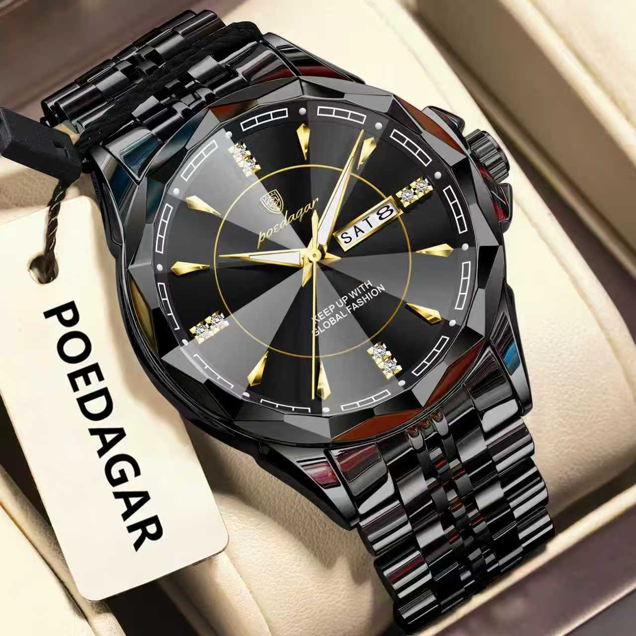 Black and gold watch with 'POEDAGAR' branding on a beige background