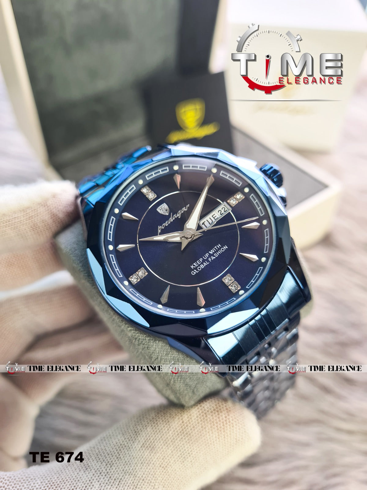 Blue wristwatch with brand logo in the background