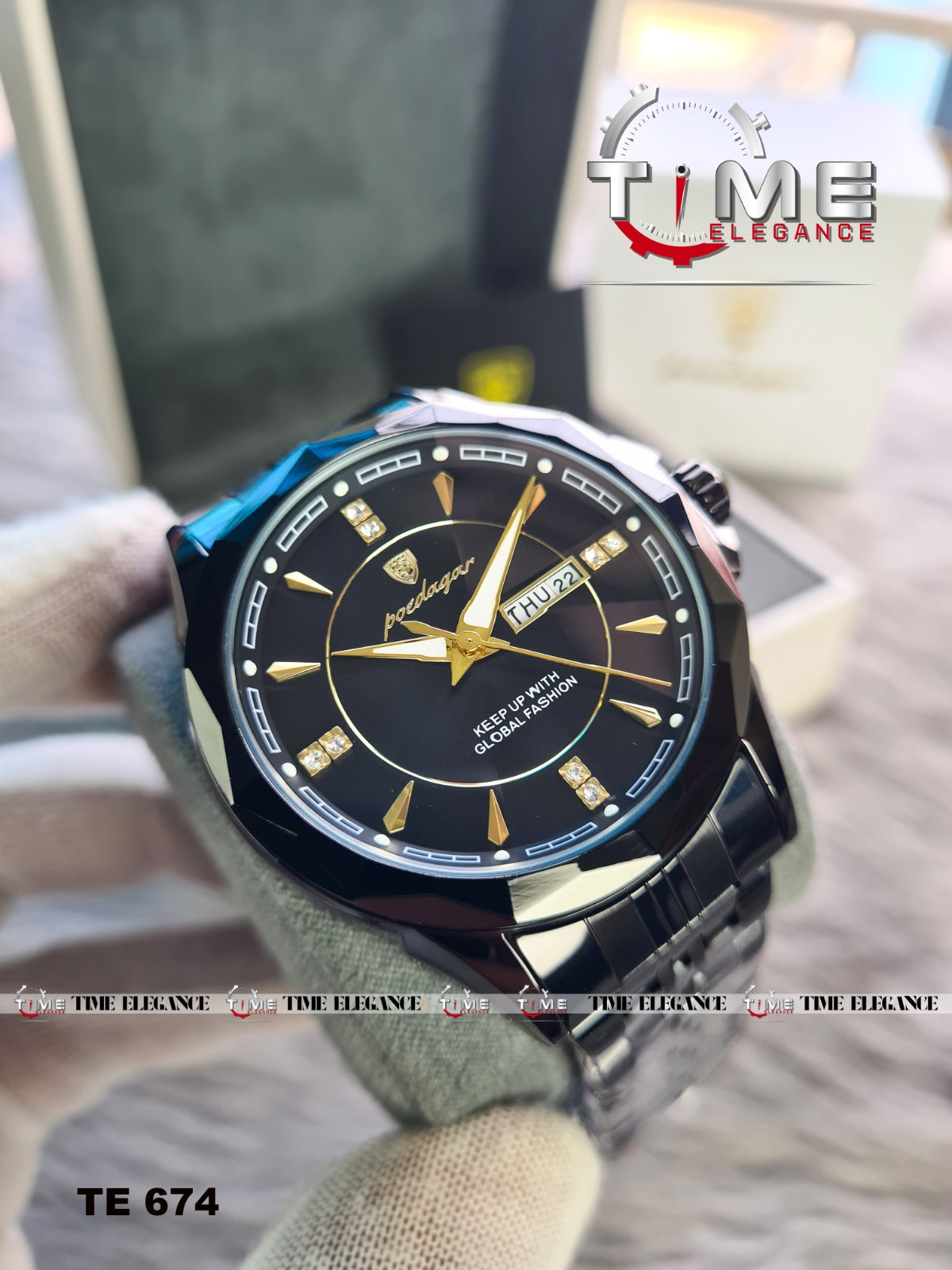 Luxury watch with black face and gold accents, brand 'Time Elegance' visible.