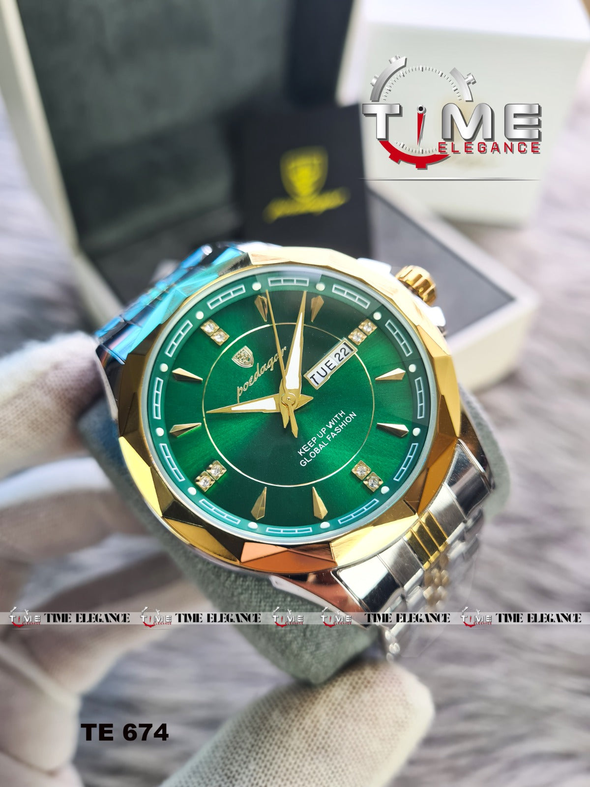 Green and gold watch with 'Time Elegance' branding on a gray surface.