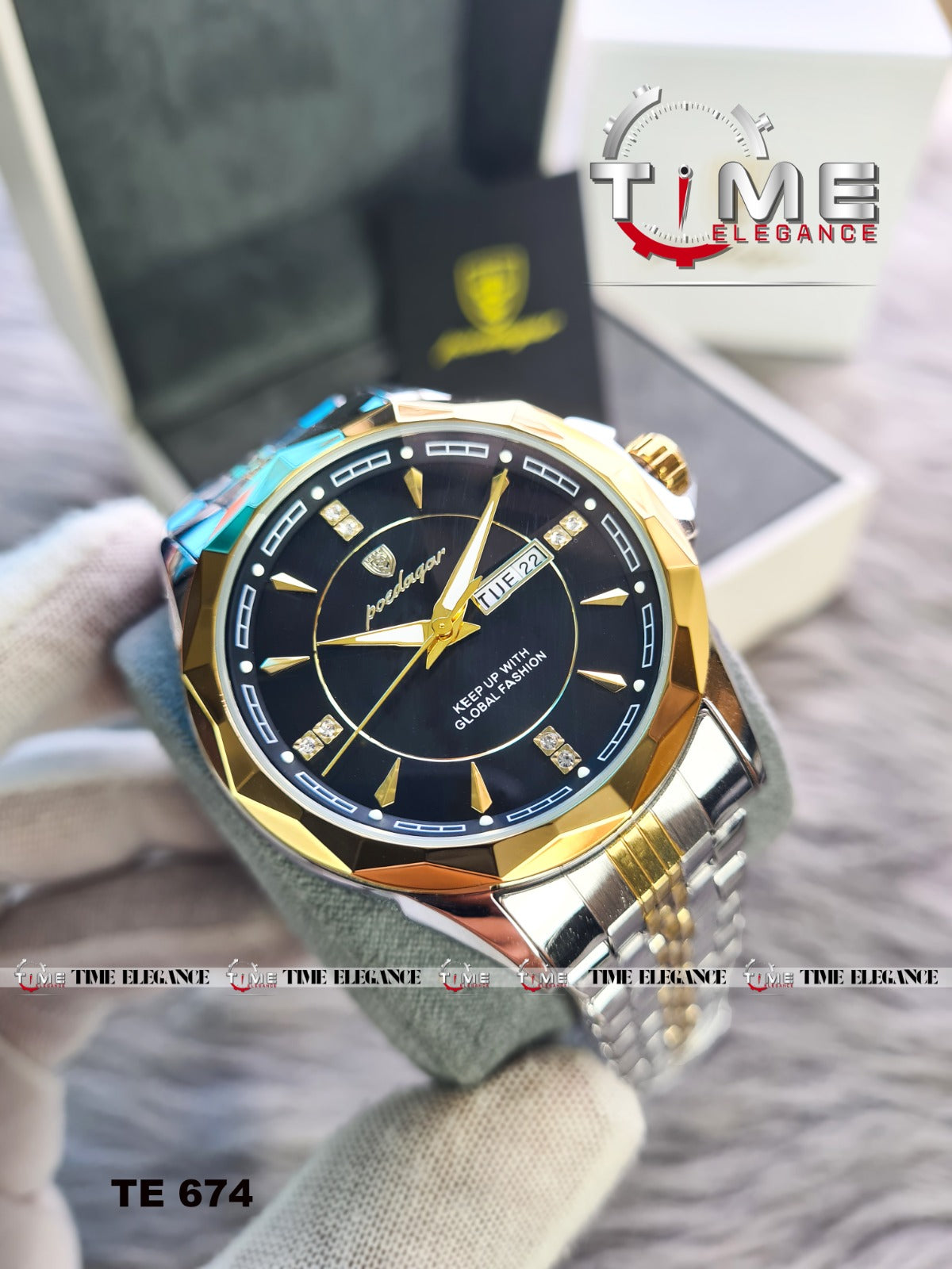 Luxury watch with gold and black design on a wrist, brand 'Time Elegance' visible