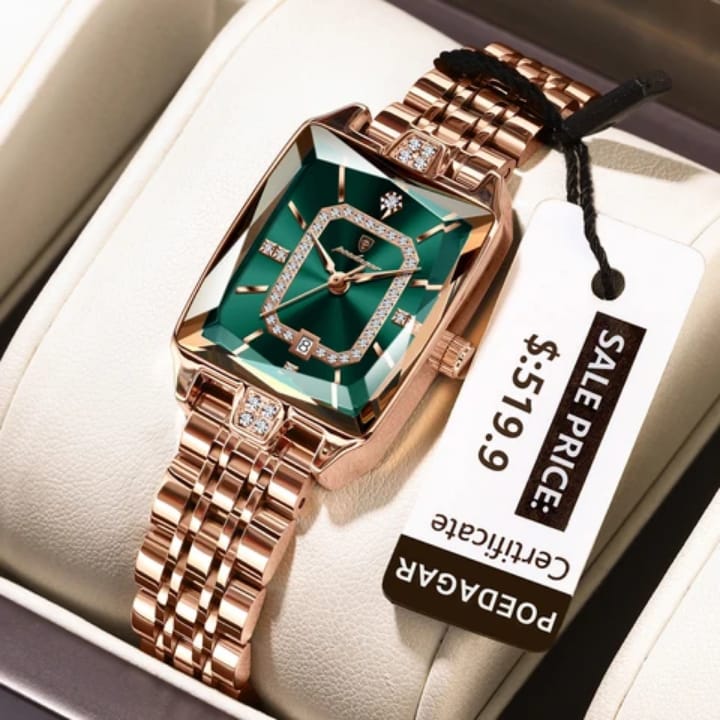 Poedagar 785 Green Dial— Women’s Waterproof Rectangle Luxury Quartz Watch