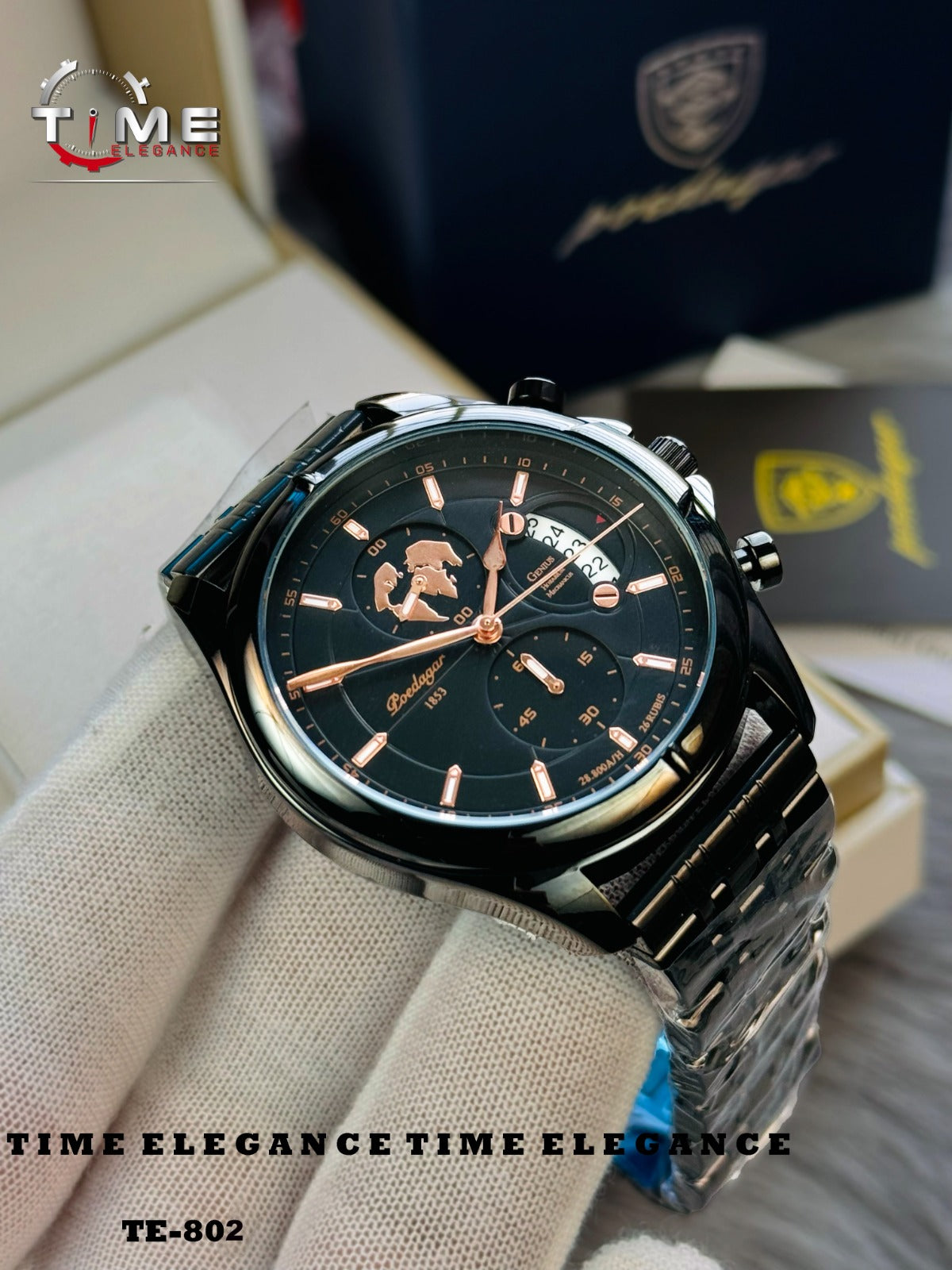 Luxury watch with black strap and dark face on a textured surface, branded 'Time Elegance'.