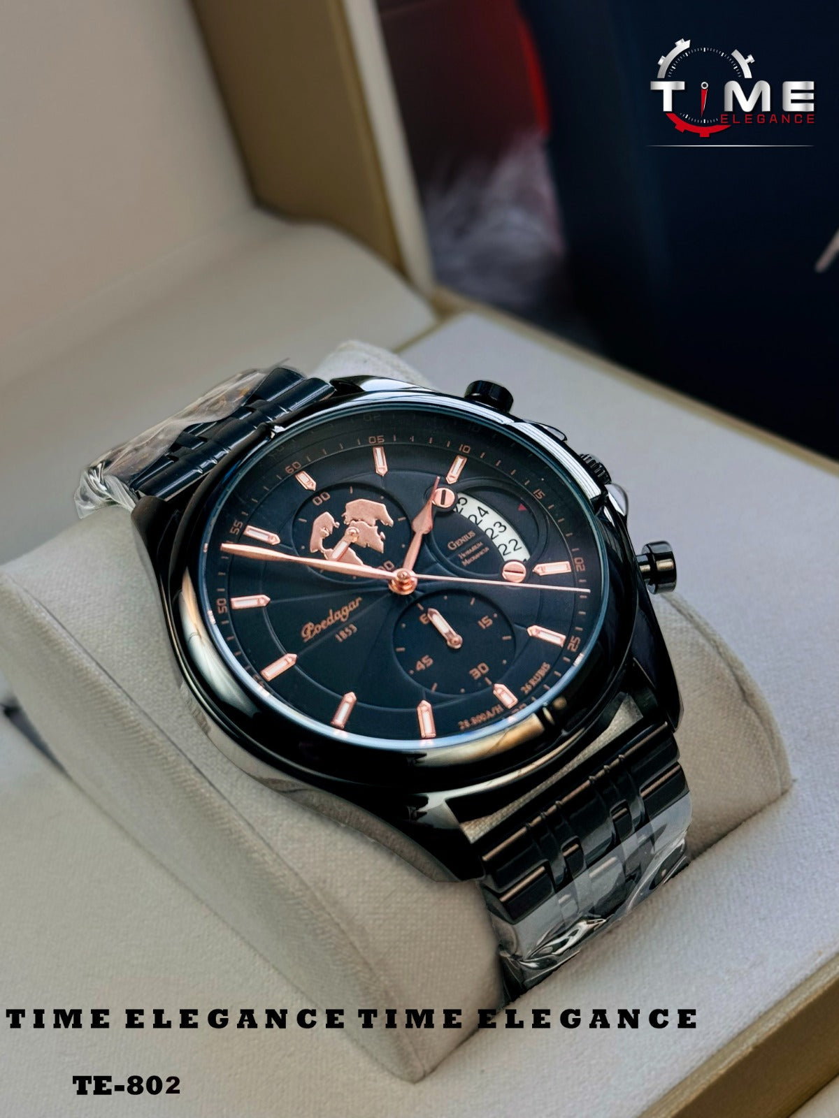 Luxury watch with black and rose gold design on a beige cushion, featuring 'Time Elegance' branding.