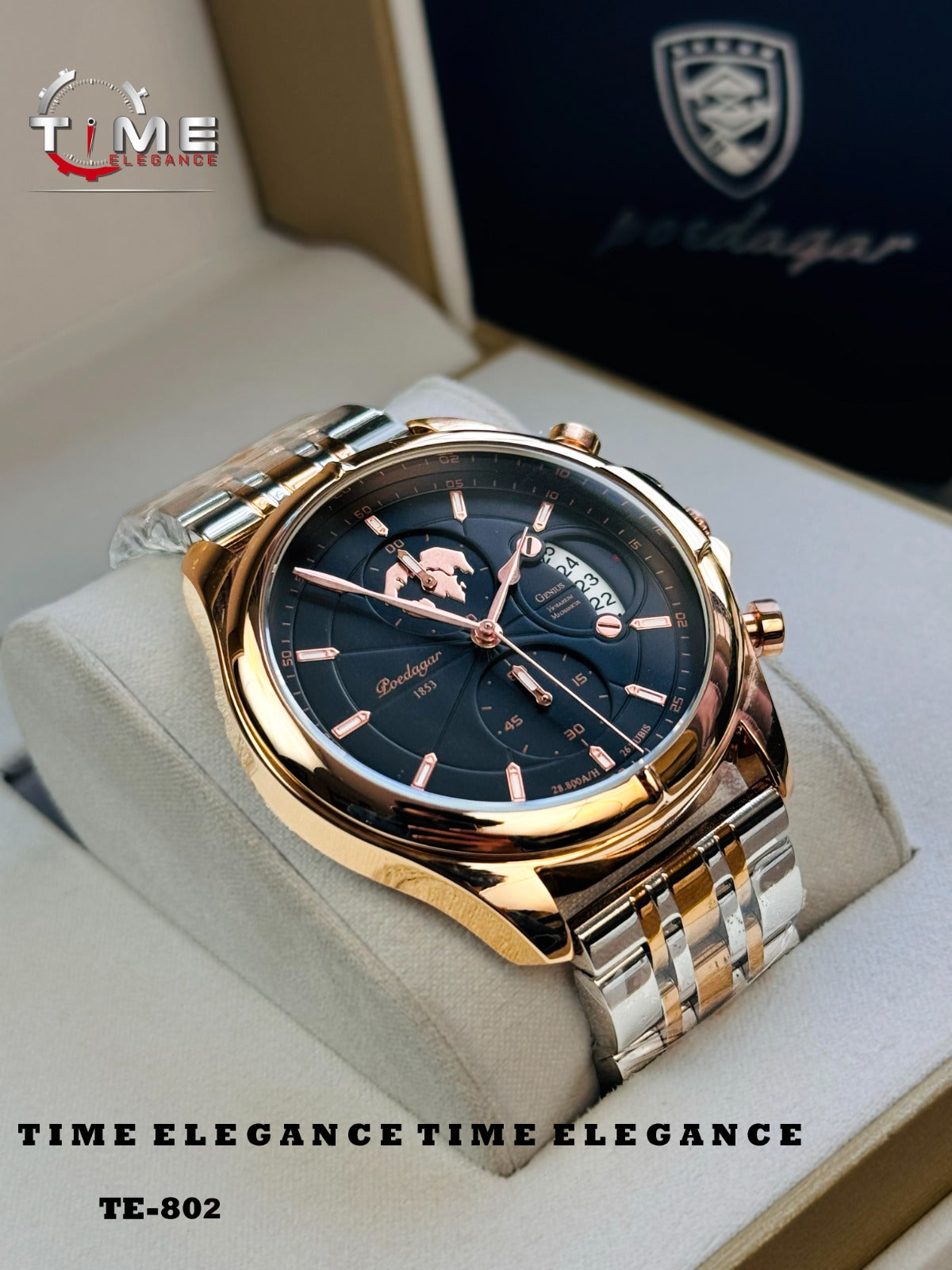 Luxury watch with gold and silver band on a white cushion, brand 'Time Elegance' visible.