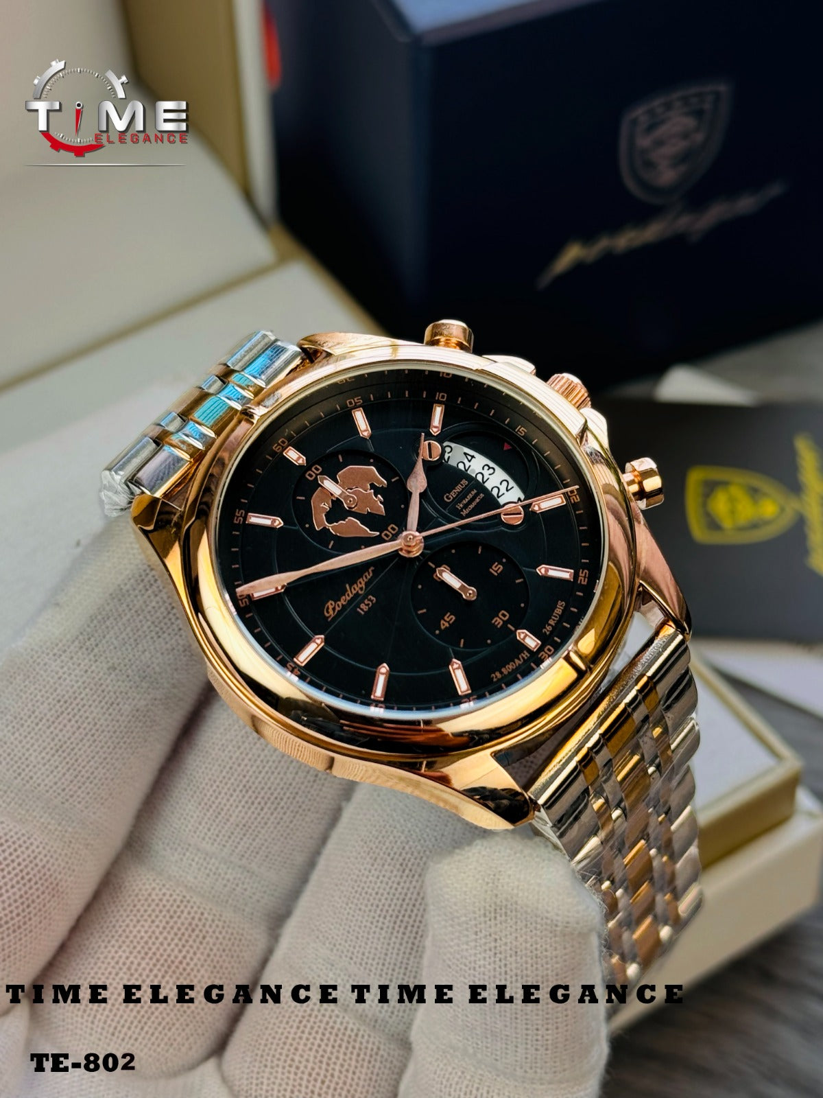 Gold wristwatch with black dial on a white surface, branded 'Time Elegance'.