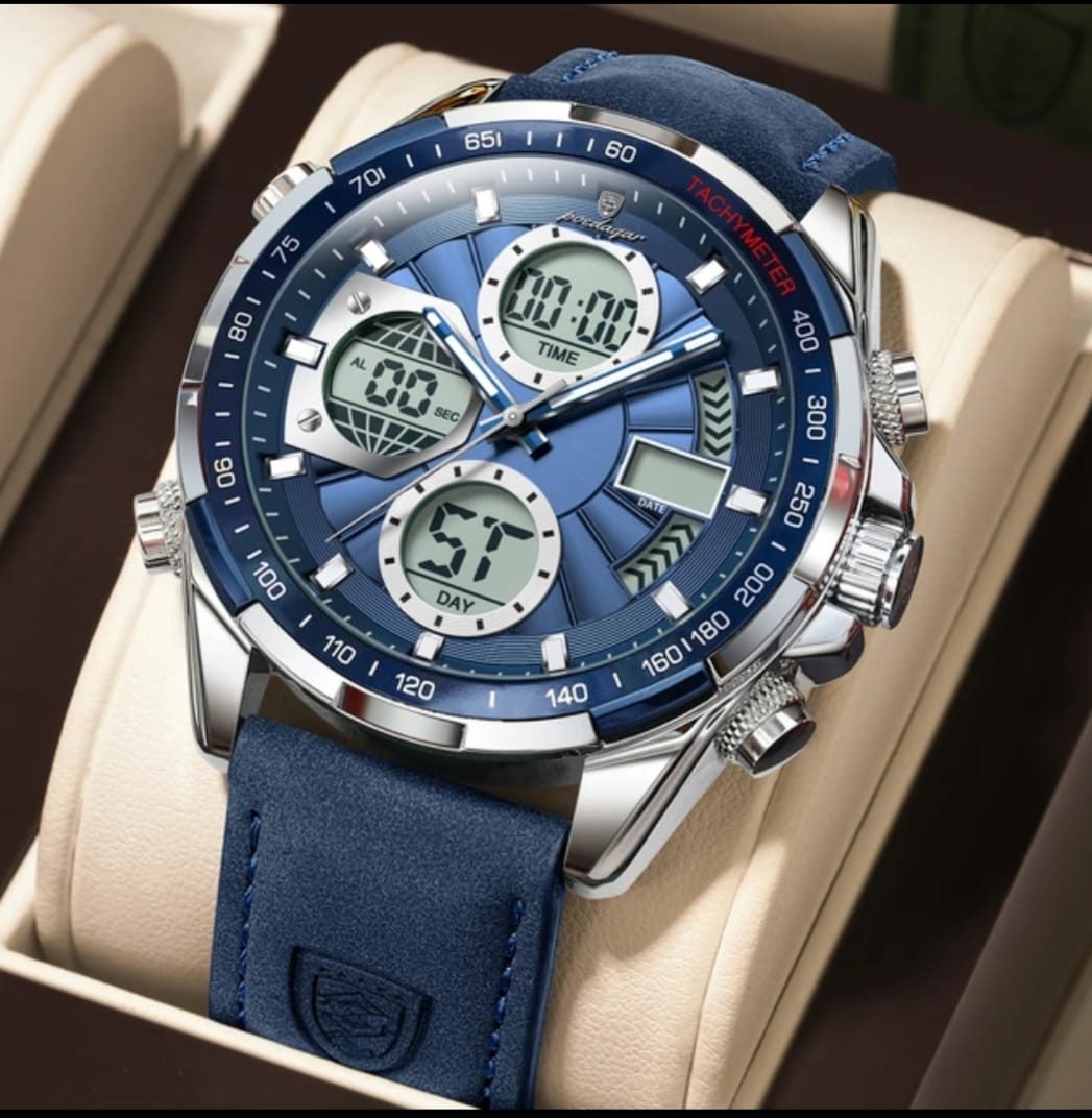 Blue wristwatch with digital and analog display on a beige cushion