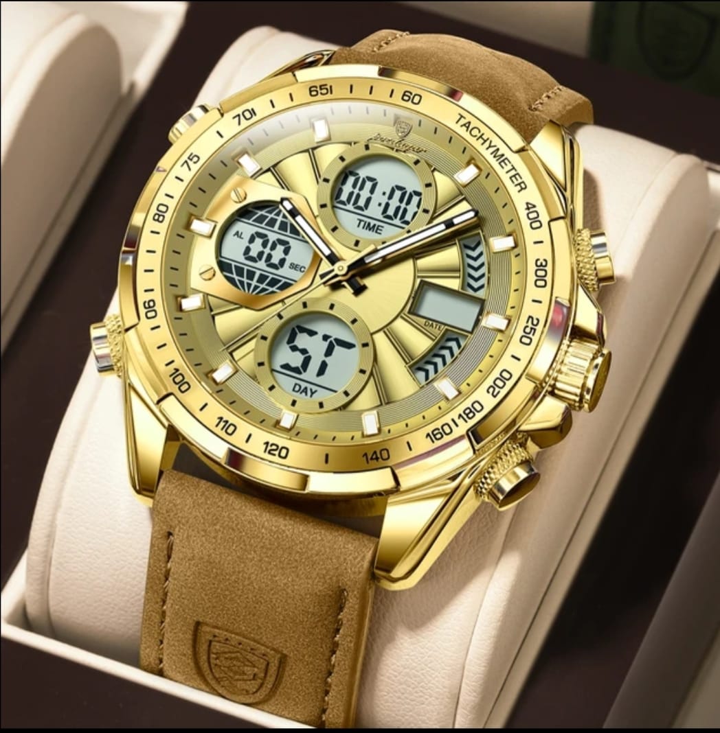 Gold wristwatch with multiple time displays on a white cushion